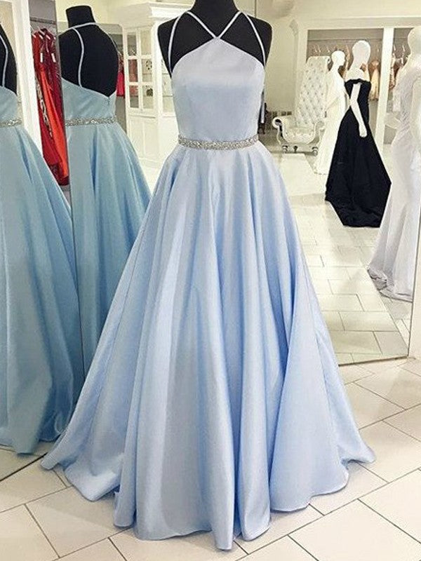 Vestidos de satén con corte A/princesa, halter, sin mangas y hasta el suelo
